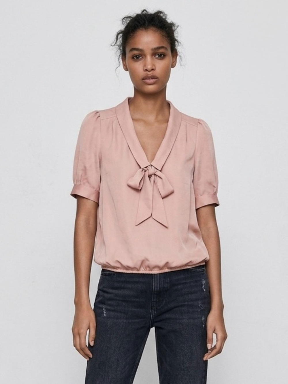 ZARA Tie Front Short Sleeve Bubble Blouse Blush Pink XS